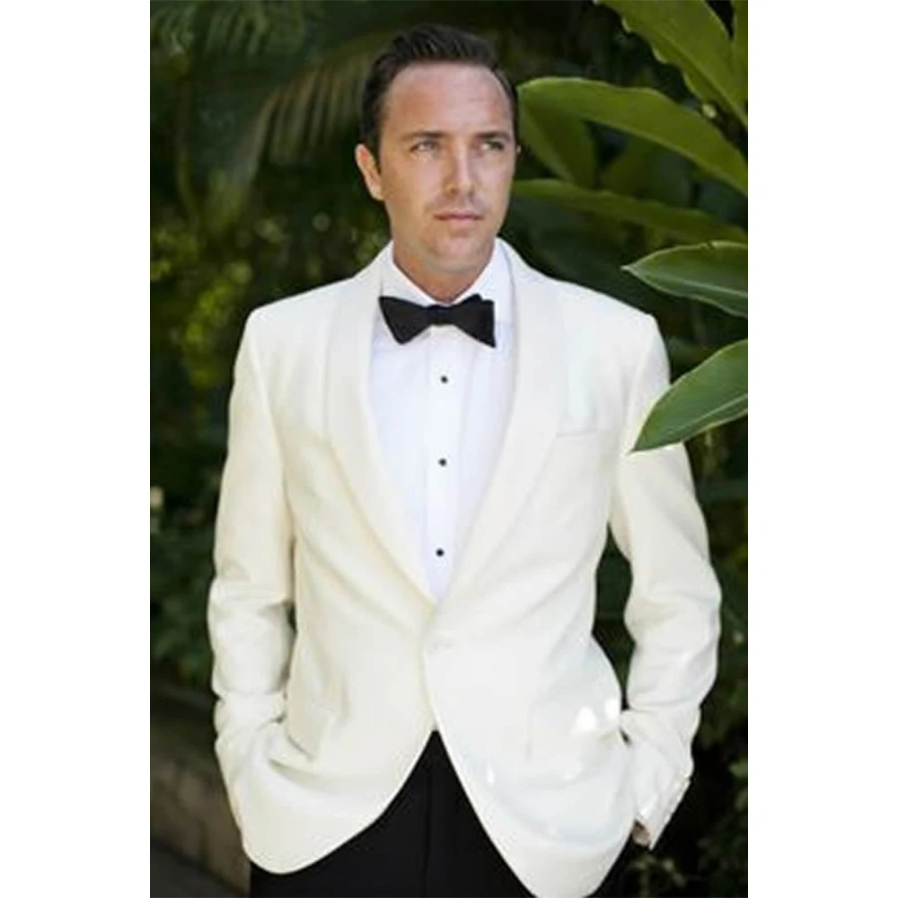 Ivory Wedding Suits For Men,Bespoke 1 Button Ivory Shawl Lapel Ivory Tuxedo Jacket and Black Pants,Tailor Off-White Groom Suit