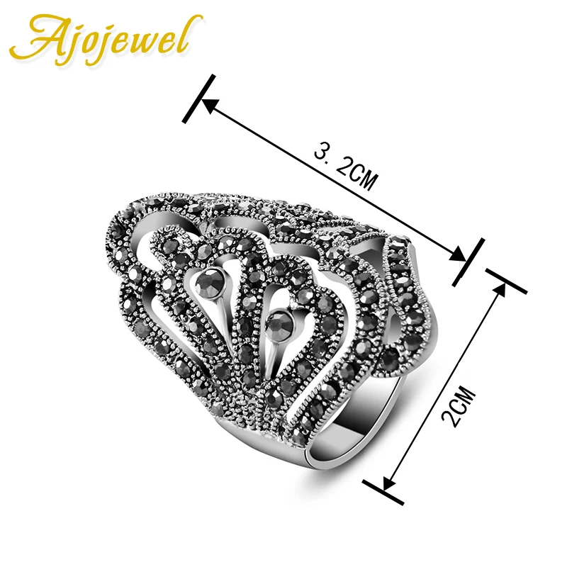 Ajojewel Big Hollow Designer Ring Black Rhinestone Luxury Women Rings Vintage Jewelry Fashion Accessories