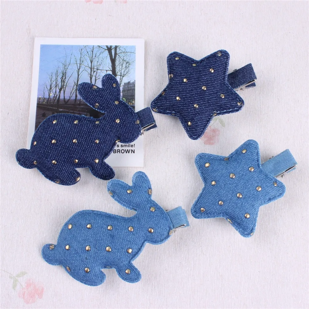 

2017 New Fashion Jean dots Rabbit/Star Hairpins Handmade Denim Hair Clips Hairgrips Girls Barrettes Hair Accessories