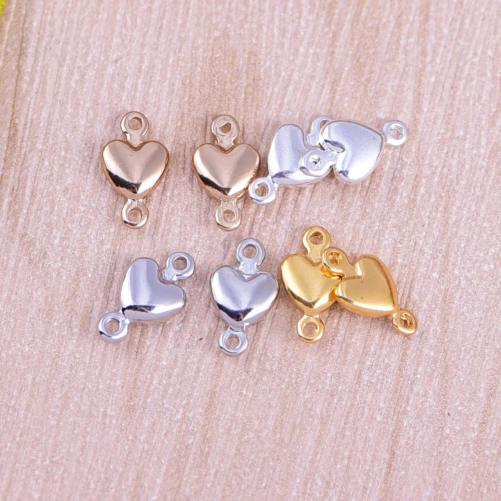 50pcs/lot copper material gold color blank 3D heart with two hole charm pendant accessories for bracelet DIY jewelry making