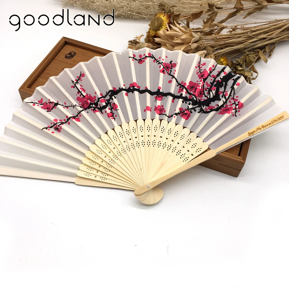 Free Shipping Customized 50pcs/lot Wedding Dancing Fan Plum Blossom Flower Print Folding Hand Designer White Polyester Fans