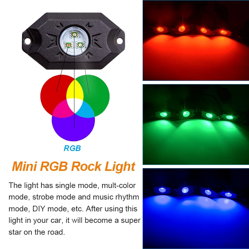 4pcs Music Mini Bluetooth RGB LED Rock Light DRL with Cree Chip for Jeep Wrangler Tractor Boat OffRoad 4WD 4x4 Car Truck SUV ATV