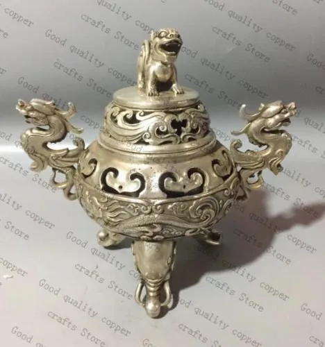 

China collectible archaize white copper Double dragon ear incense burner