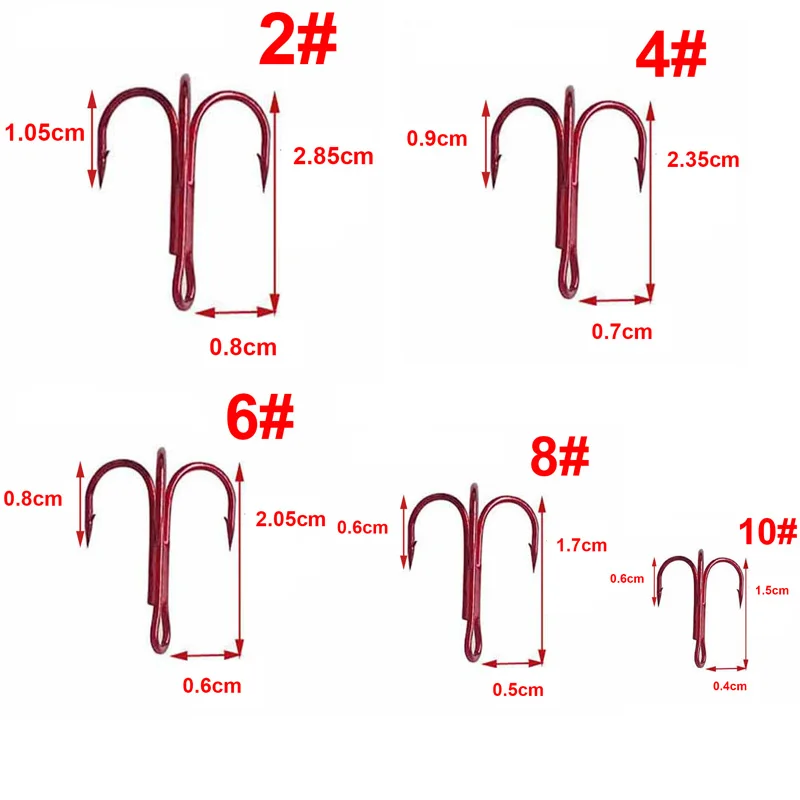 50pcs 35647 High Carbon Steel Treble Fishing Hooks Red Small Round Bent Triple Hard Lure Spoon Fishhook Size 2# 4# 6# 8# 10#