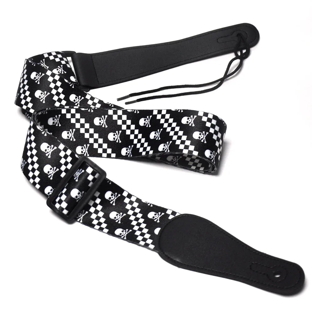 175cm Long 5cm Wide Black Guitar Bass Strap White Skull Checked Square Polyester w/ Leather Head Adjustable