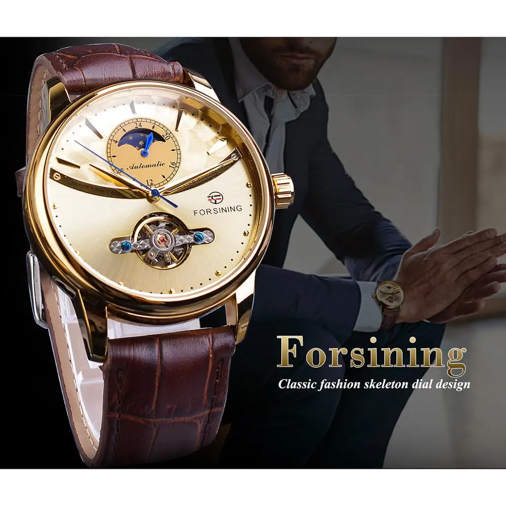 Forsining Automatic Watch Men Moon Phase Golden Skeleton Mechanical Male Watches Casual Brown Leather Band Horloges Mannen Clock