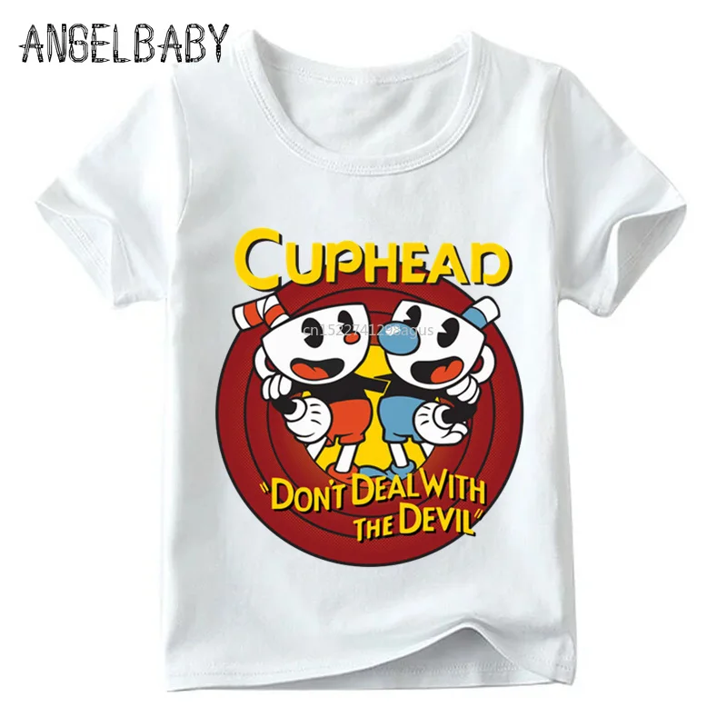 

Baby Boys/Girls Cartoon Cuphead Print Funny T shirt Kids Summer Short Sleeve Tops Children Soft White T-shirt,HKP5199