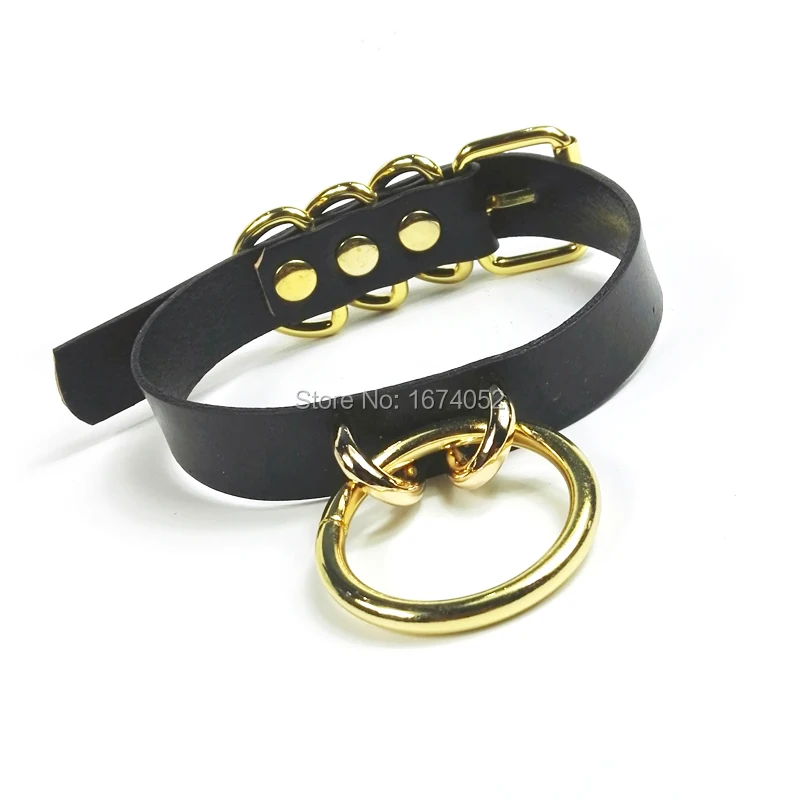 Cute Lolita Harajuku 100% Handmade Golden Metal O Round Choker Real Leather Collar Sub Buckle Necklace