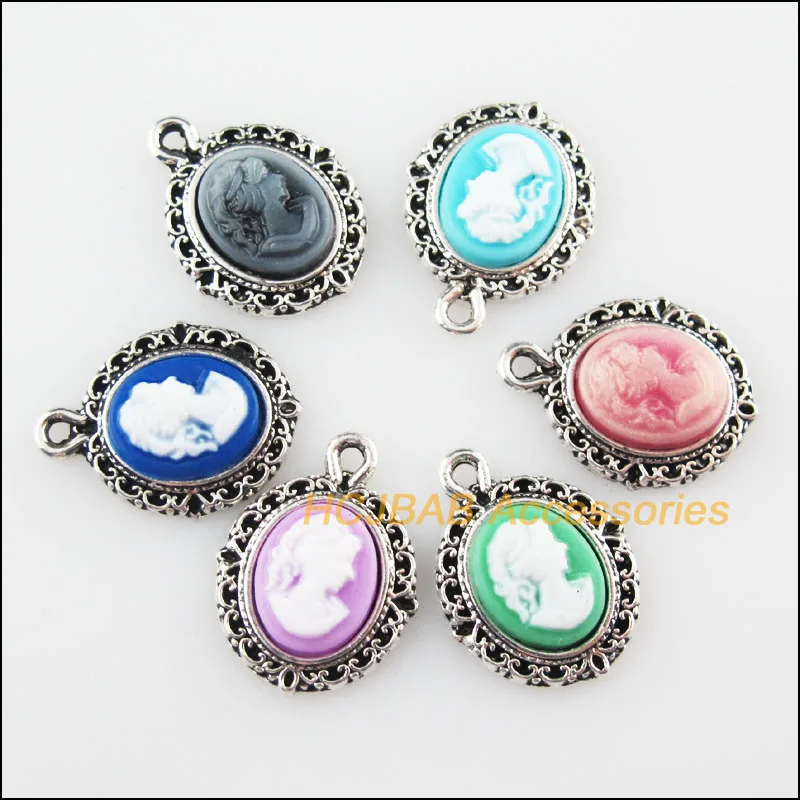 12Pcs Tibetan Silver Color Oval Beauty Mixed Resin Charms Pendants 13.5x18mm