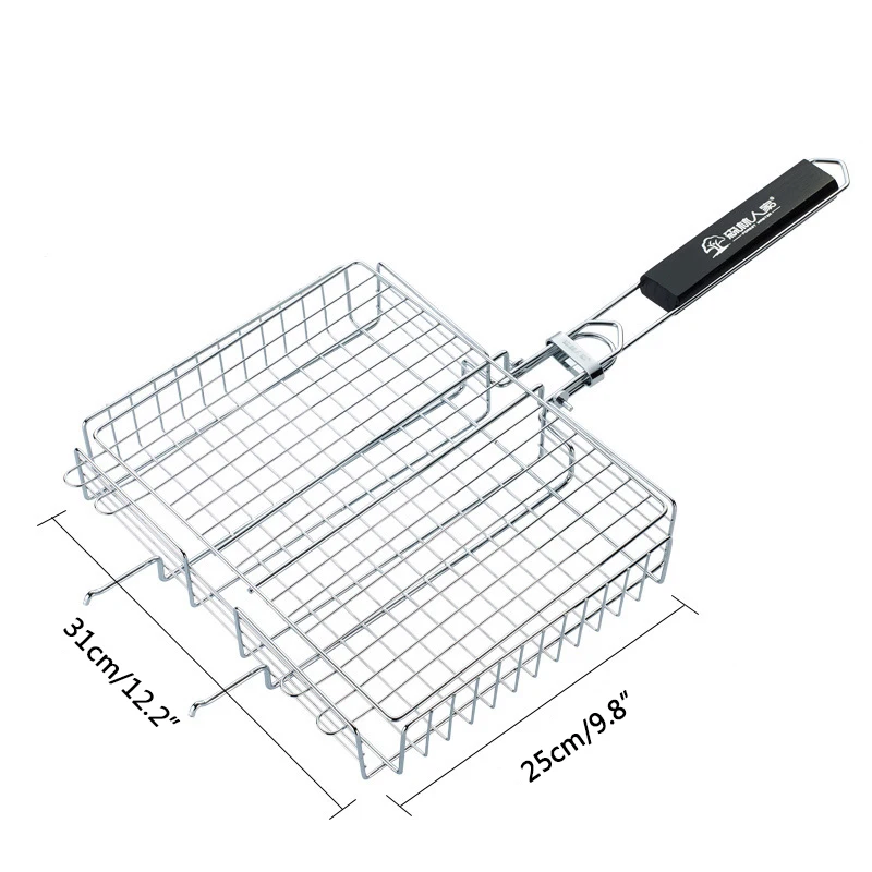 Barbecue Grilling Basket Wood handle Adjustable Folding BBQ Basket Steak Fish Corn Vegetable Grill Net Rack Mesh BBQ Accessories