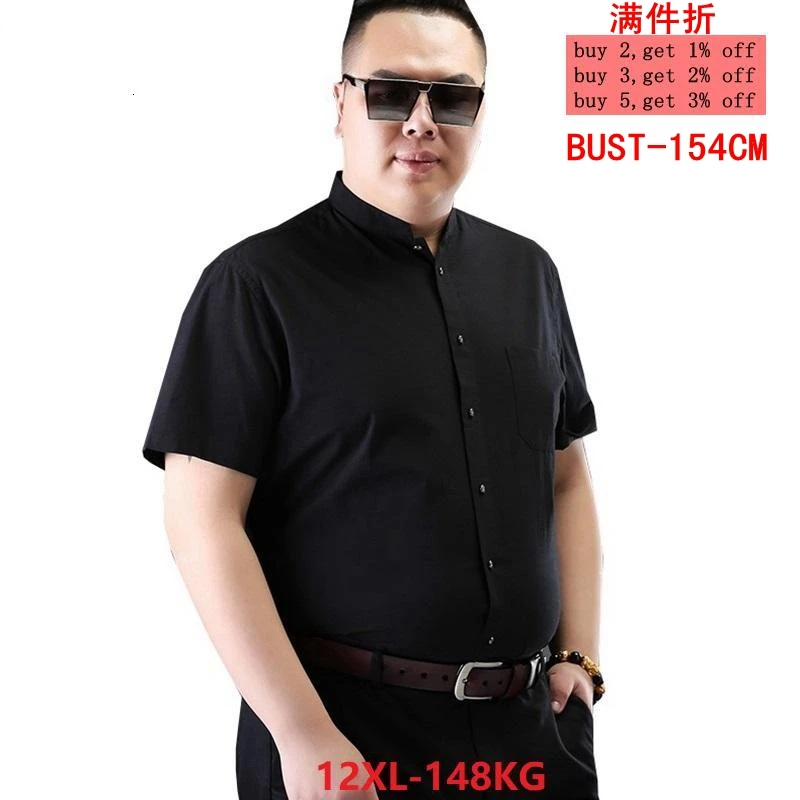 

Large size 13XL 14XL autumn and winter men's business comfortable short-sleeved lapel stripes single-breasted formal black shirt
