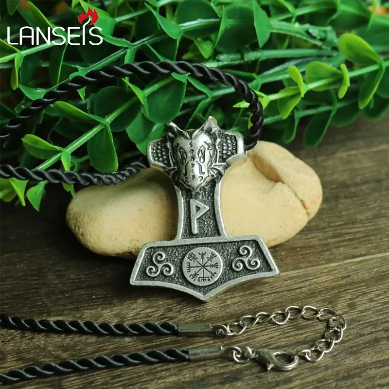 

10pcs wholesale norse Black Dragon Thor Hammer pendant viking Norway vegvisir symbol necklace Triskelion pendant Amulets jewelry