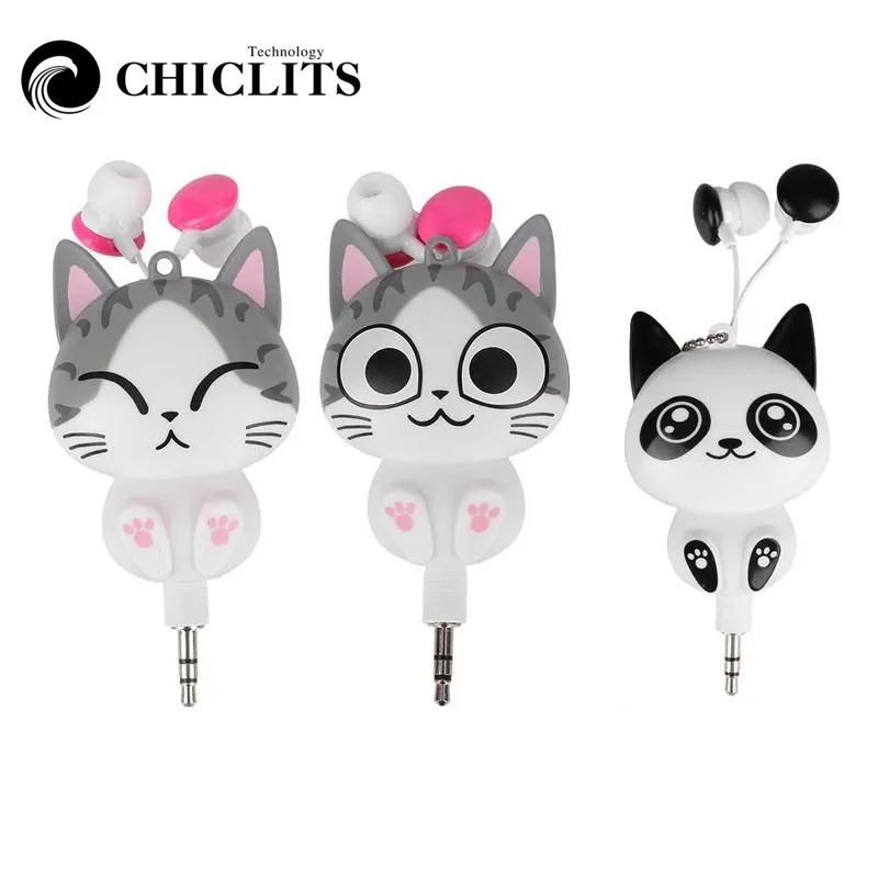 3.5mm Wired Retractable In-Ear Headset Cartoon Cat Anime Earpiece Clip Headset Head Phone For Iphone 6 6s 7s Samsung Xiaomi MP3