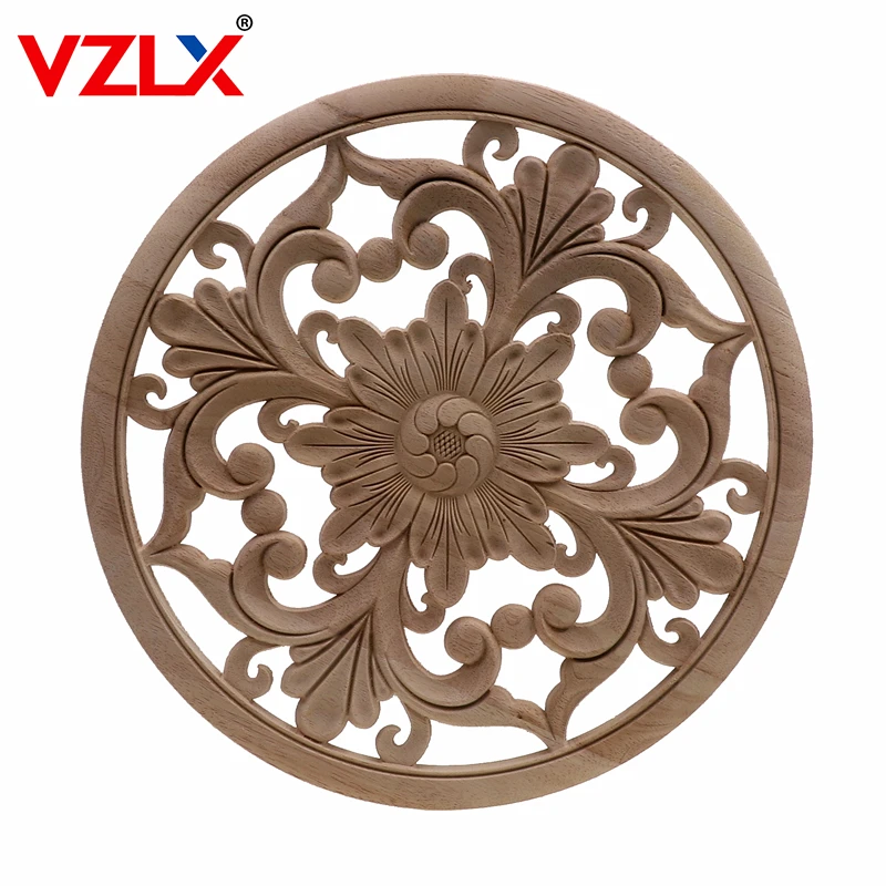 VZLX Round Decorative Fashion Floral Wood Carved Decal Corner Appliques Frame Wall Doors Furniture Woodcarving Wooden Figurines