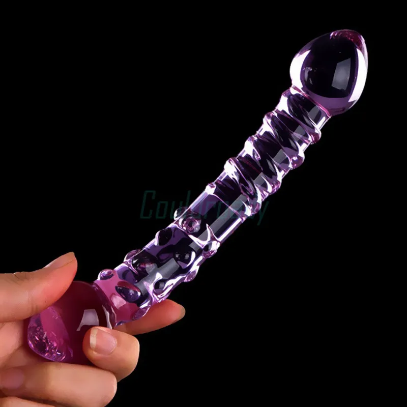 Double Ended Crystal Purple Pyrex Glass Dildo, Artificial Penis Granule and Spiral G Spot Simulator Adult Sex Toys for Woman