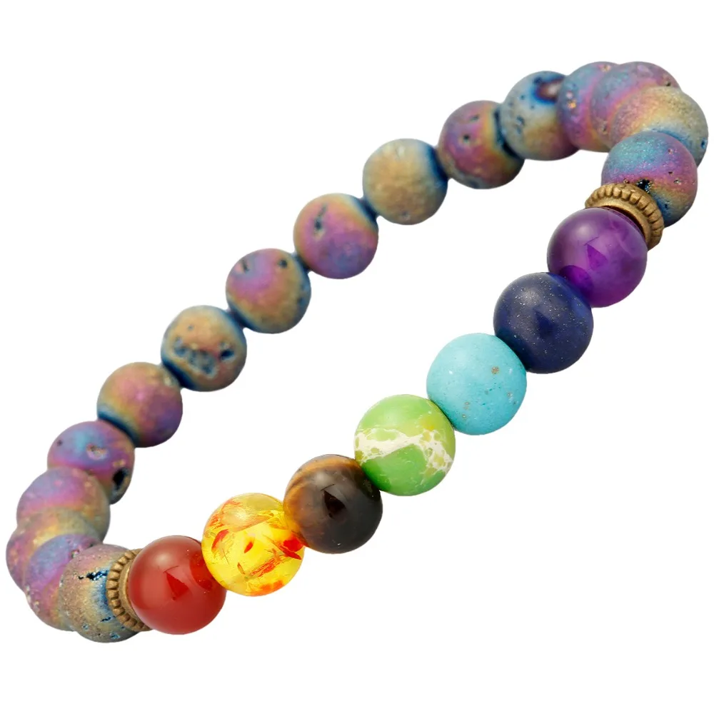 

TUMBEELLUWA 7 Chakra Beads Bracelet Titanium Coated Druzy Geode Agate Stone Yoga Meditation Bangle for Unisex