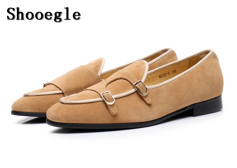 Shooegle Vintage-Stil Männer Freizeit schuhe Doppel Mönch Riemen braune Schnalle Slipper Wildleder Hochzeits feier hochwertige Kleid Schuhe Mann