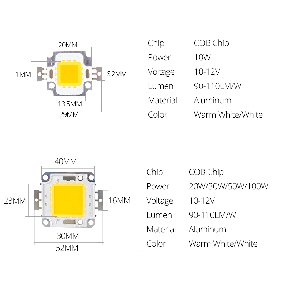 Puce COB LED haute puissance, 10W 9-12V, 20W 30W 50W 100W 30-36V, blanc chaud, bricolage