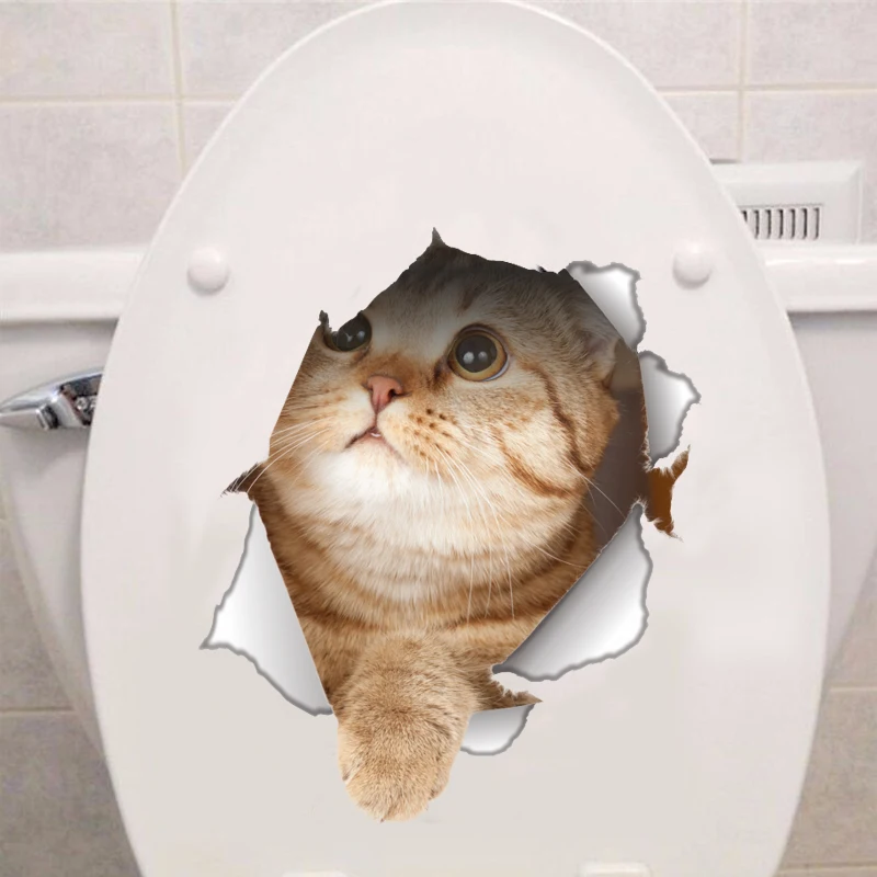 Lovely Cat Dog 3D Wall Stickers Hole View Bathroom Toilet Decals Living Room Home Decor Poster Cute Animals Waterproof Wallpaper