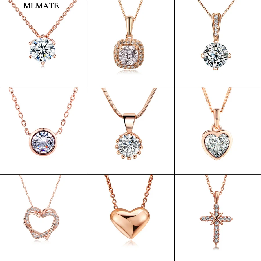 Rose Gold / White Gold Color Cubic Zircon Women Necklace Chain Heart Cross Pendant