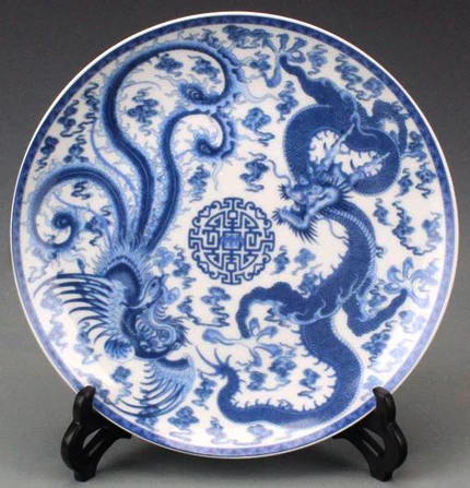 Exquisite Chinese Handmade Blue and White Porcelain Plate Painted With Dragon Phoenix Designs