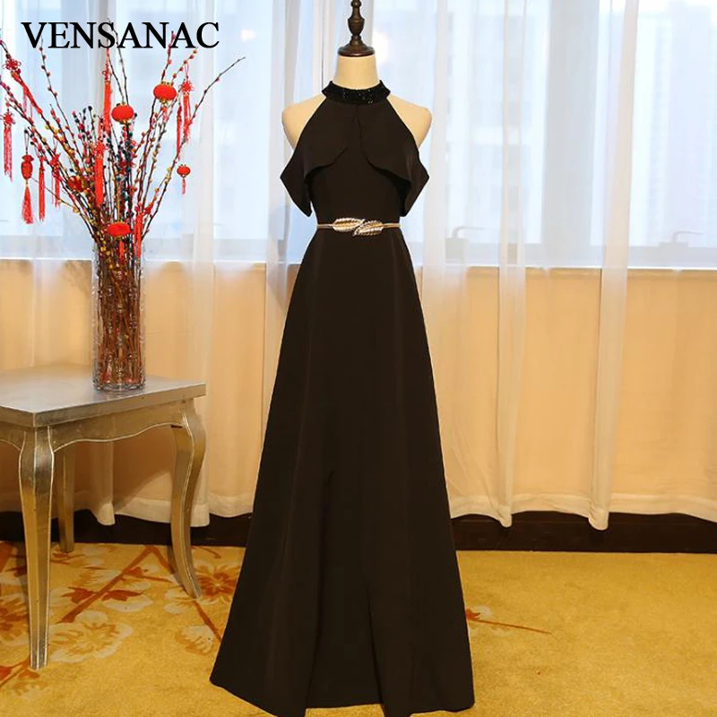 VENSANAC Crystal Halter Sequined Leaf Sash A Line Long Evening Dresses Elegant Zipper Back Party Prom Gowns