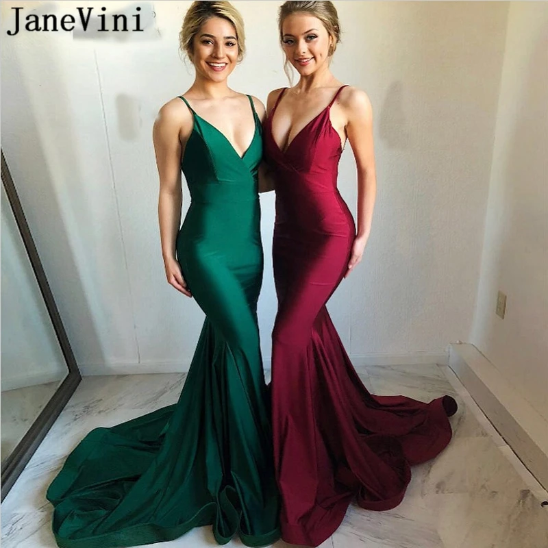 JaneVini-Vestido largo de sirena color Burdeos para graduación, prenda Sexy de satén con tirantes finos, espalda abierta, talla grande, 2019