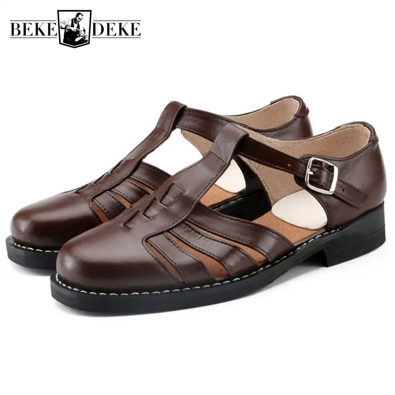 Summer High Quality Leather Formal Shoes Men Round Toe Hollow Buckle Sandals Handmade Leisure Soft Sole Sandals Size 47 48