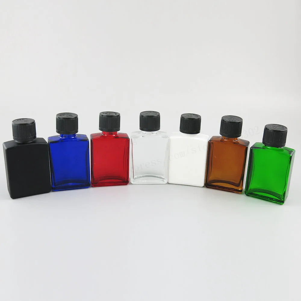 

30ml 1oz Flat Square Glass Bottle With Black Childproof Cap Blue Green Red Clear White Amber Black Color