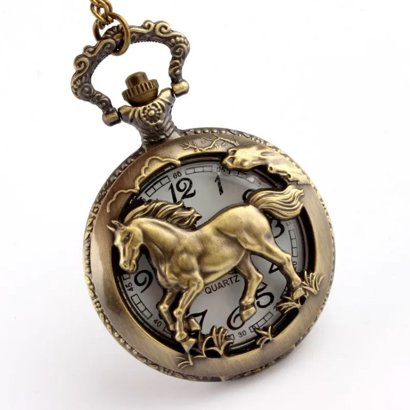 Bronze antigo orologio taschino cavalo oco relógio de bolso de quartzo colar corrente pingente dos homens das mulheres relógios presentes