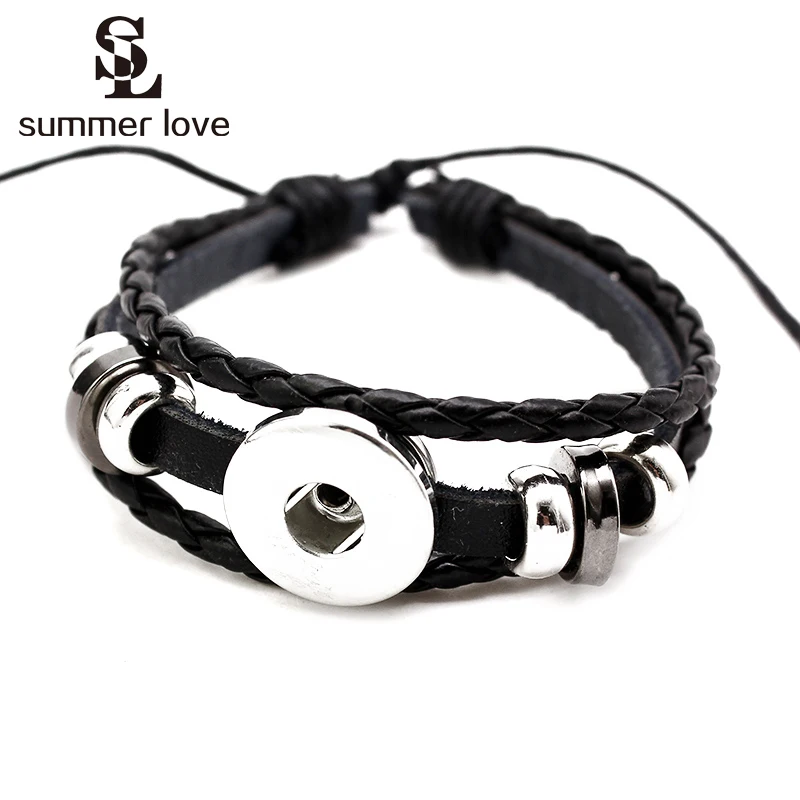 Fashion 10pcs/Lot Leather Bracelet Retro Handmade Braided Stainless Steel Snap Button Bracelets Bangles Fit 18mm Snap Jewelry