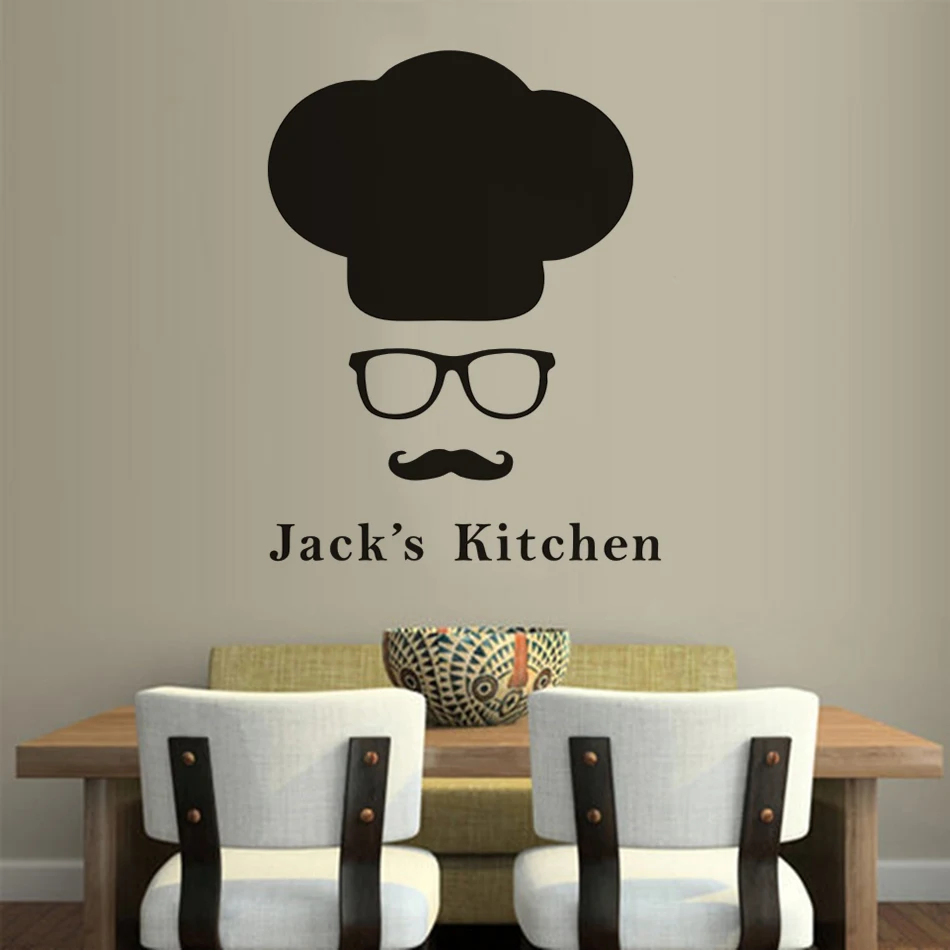 Chef Hat Vinyl Wall Sticker Mustache Man Glass Pattern Wall Art Decals Kitchen Restaurant Decor Custom Name Kitchen Murals AZ380