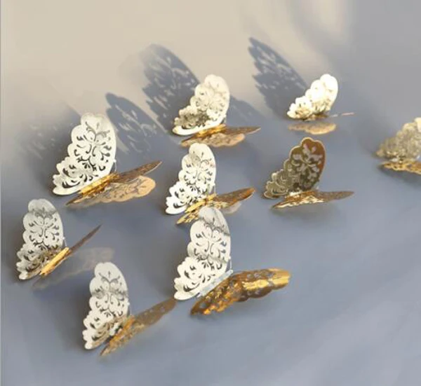 Free ship 12x gold silver asst.size 3D imitation butterfly wall fridge sticker curtain attach wedding party wall decoration deco