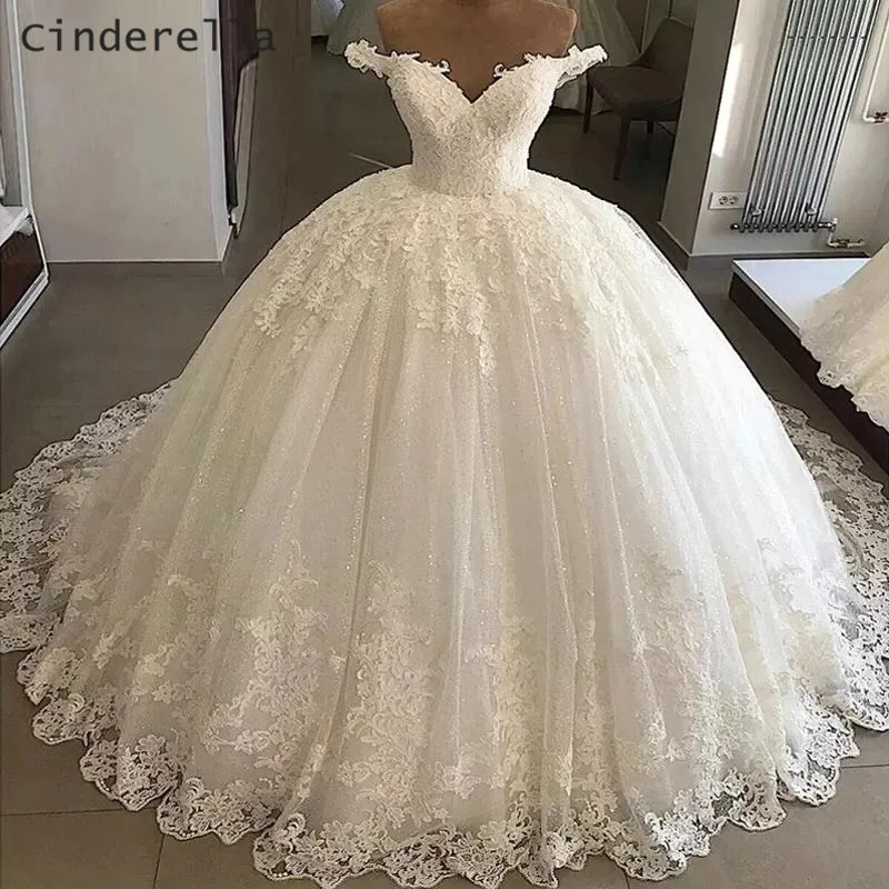 Vestido de novia de encaje con lentejuelas de tul, vestido de baile de Princesa con cuello en V, longitud hasta el suelo, Cenicienta