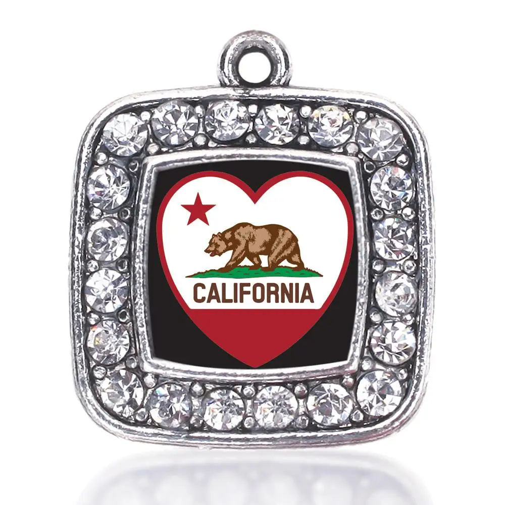 

CALIFORNIA HEART FLAG SQUARE CHARM ANTIQUE SILVER PLATED CRYSTAL JEWELRY