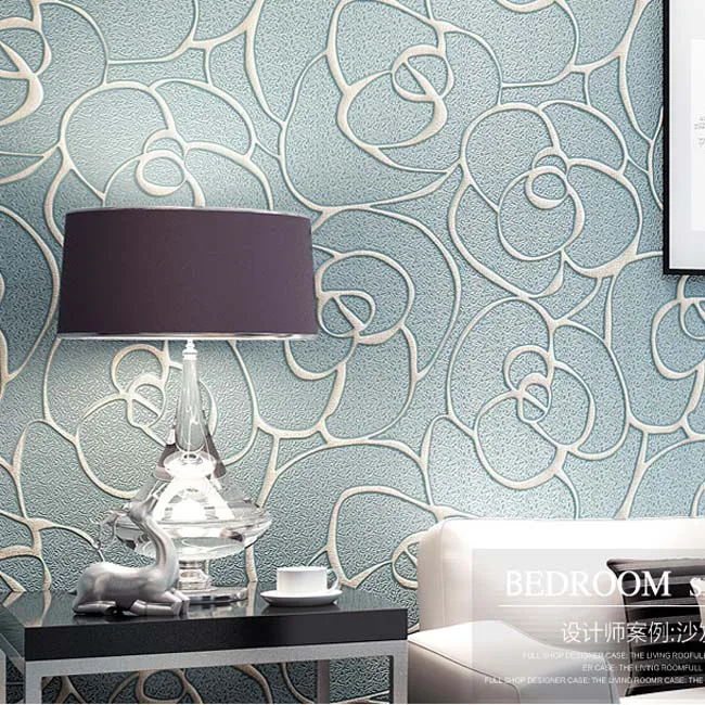 QIHANG Modern Minimalist Embossed 3D Rose Flower Non-woven Wallpaper Light Blue Color 0.53m*10m=5.3m2