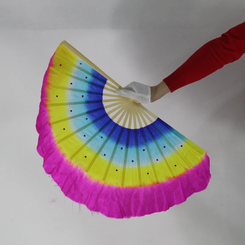 New 4 colors mixed Chinese Real Silk Bamboo Ribs Fan Veils colorful Belly Dancing silk short Fans Stage Performance Props Fans