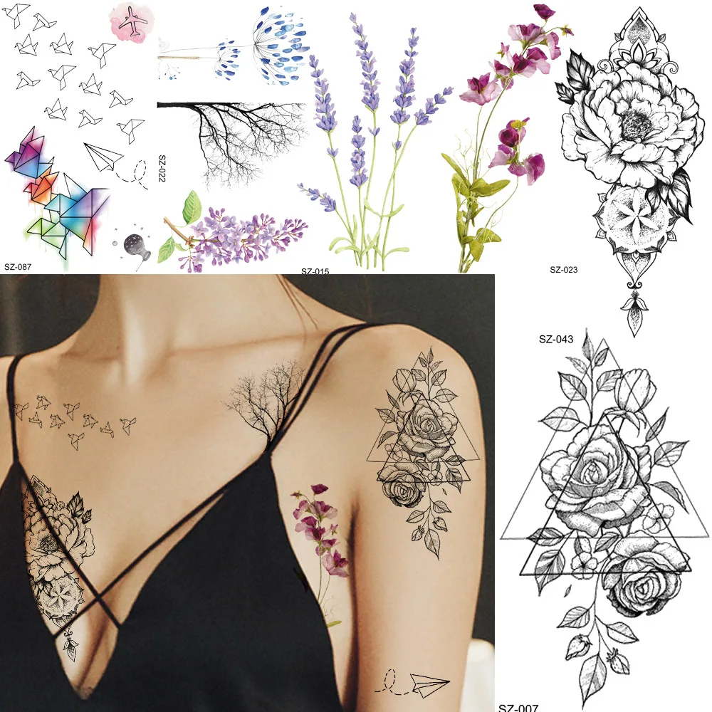 YURAN 100 Pieces Wholesale 10x6CM Fake Tattoo Temporary Triangle Flower Body Art Tatoos For Men Women Henna Gun Tattoo Stickers