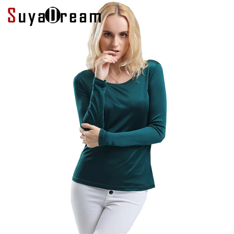 SuyaDream damska koszulka z prawdziwego jedwabiu Basic O neck z długim rękawem najniższa koszulka z długim rękawem Plus rozmiar Spandex Top czarny biały
