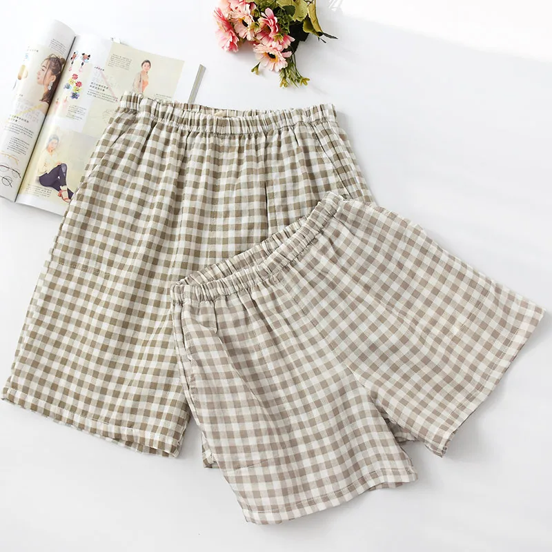 New Summer Couple Plaid Shorts Cotton Gauze Thin Pajama Pants Lounge Sleep Wear for Women Bottoms Night Pants