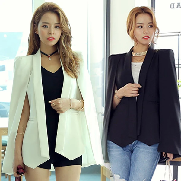 New OL suit jacket Fashion Cloak Cape Blazer Women white Lapel Split Long Sleeve Jacket Coat Female Casual Blazers Women