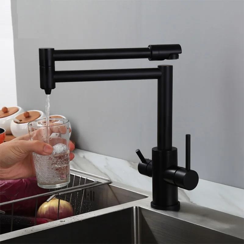 Torneira dobrável para cozinha mttuzk, torneira de latão preto com água pura, água quente e fria, moderna, com 3 vias
