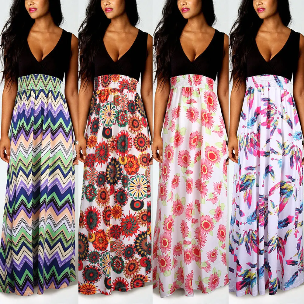 Fashion Women classic new Summer Dress Evening Party Womens Boho Sleeveless Long Beach Dress Pregnant Women Florals Print Dress