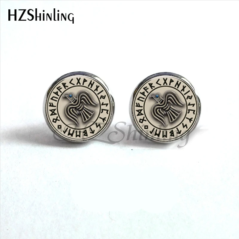 NES-0055  Viking Norse Studs Earrings Viking  Jewelry Vegvisir Viking Glass Cabochon Earrings Handmade HZ4