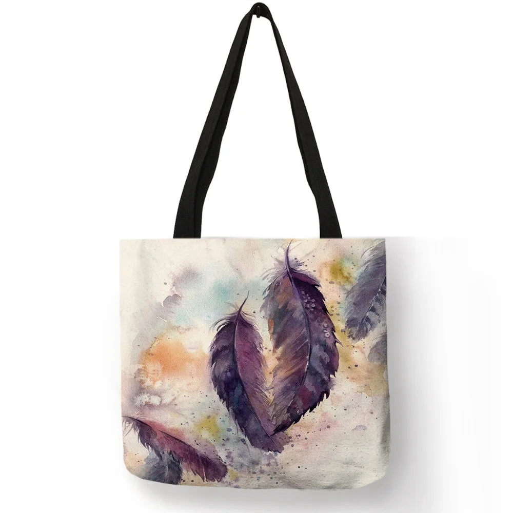 Watercolor Painting Feather Women Eco Linen Tote Bag Foldable Reusable Storage Package for Shopping Travel School Handbag