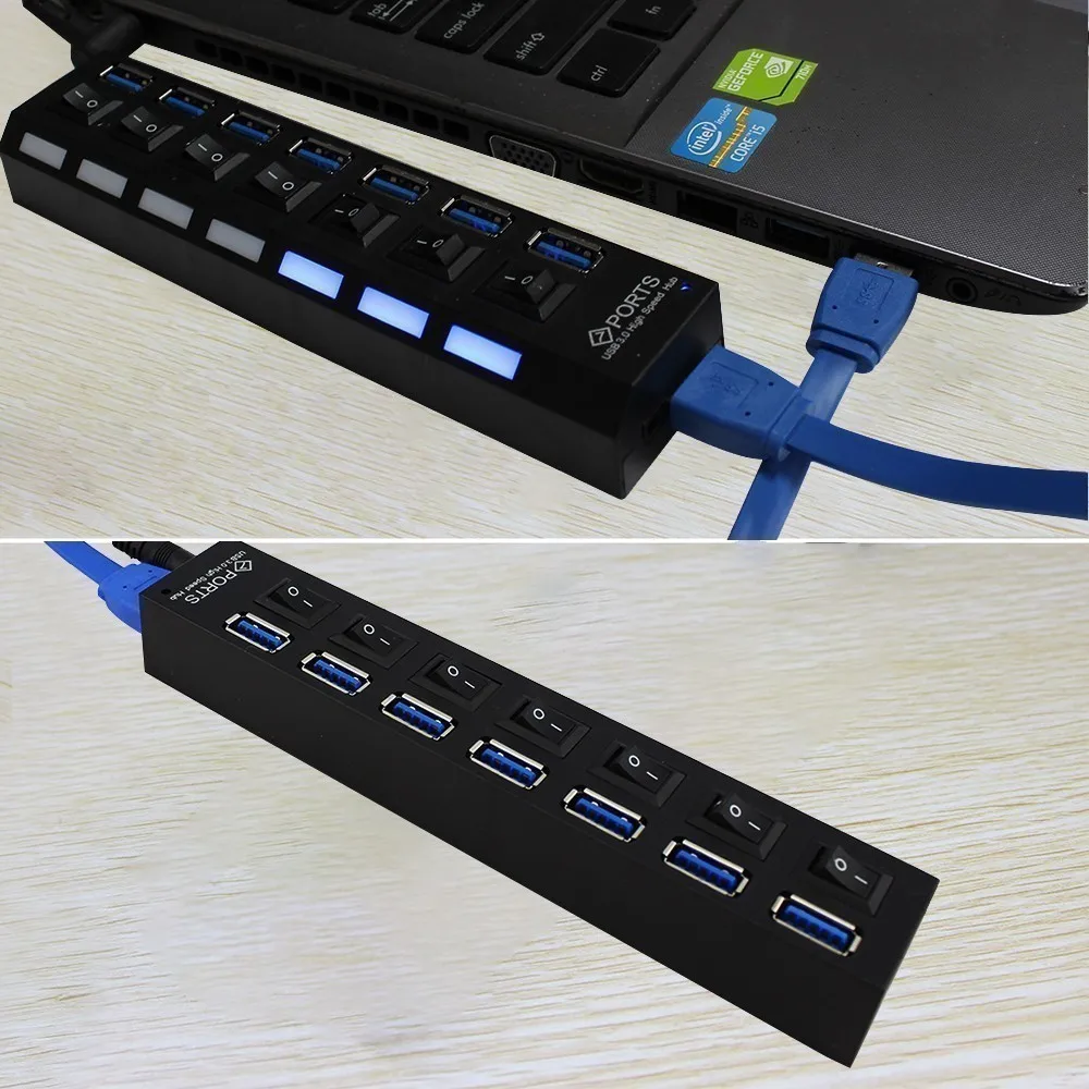 Usb 3.0 Hub 7 منافذ متعددة في واحد كومبو مايكرو Usb3.0 Hab الفاصل مع الاتحاد الأفريقي/الاتحاد الأوروبي/الولايات المتحدة/المملكة المتحدة محول الطاقة LED مؤشر الملحقات للكمبيوتر