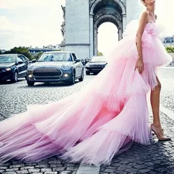 Fashion Pink Tiered High Low Tutu Prom Dresses Off The Shoulder Puffy Long Prom Gowns Chic Tulle Gowns Vestido Formatura
