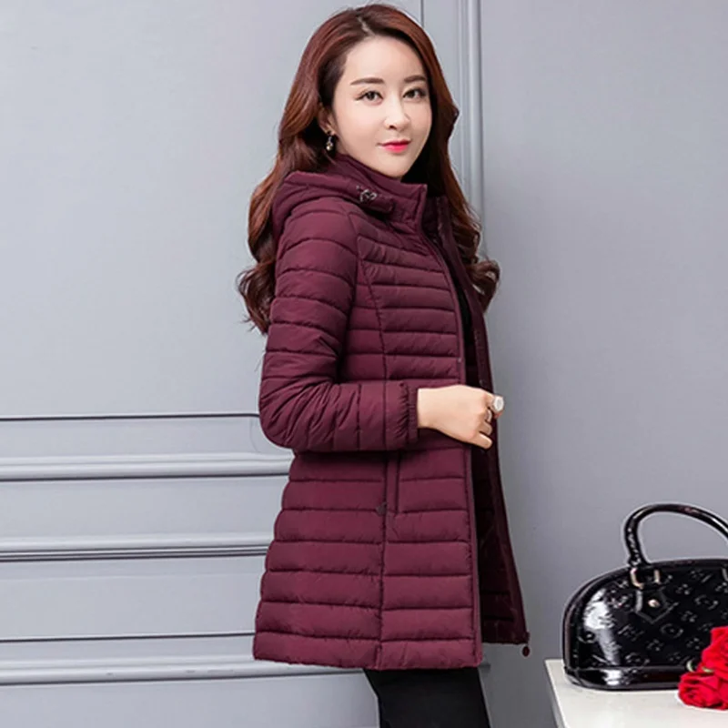 6XL Women Autumn Winter coat Parkas 2025 New Solid Hooded Down Cotton Jacket Medium Long Clothing Outerwear Slim Chic Top Female