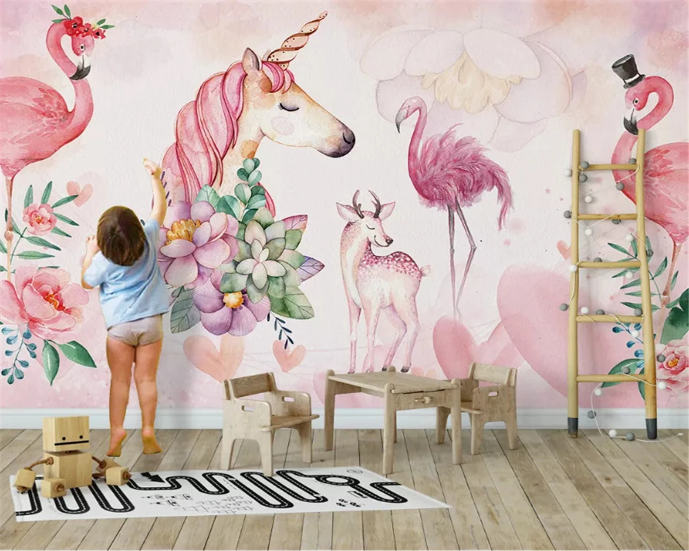 beibehang Custom size wall paper Nordic pink simple flamingo children's room decoration background papel de parede 3d wallpaper