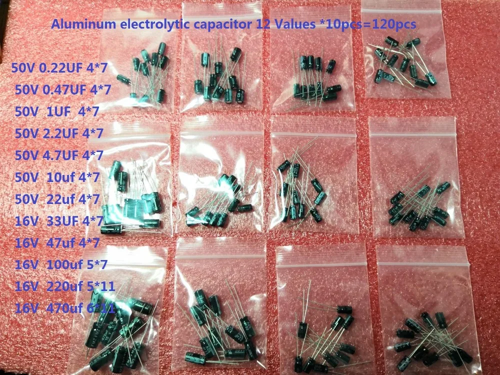 120 stücke Aluminium-Elektrolytkondensator-Kits 1 Satz mit 12 Werten 0.22/0.47/1/2/2/4/220/10/22/33/47/470/uf Sortiments satz